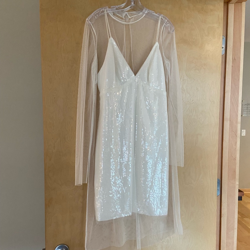 BHLDN White Sequence Dress with Sheer overlay Size 12